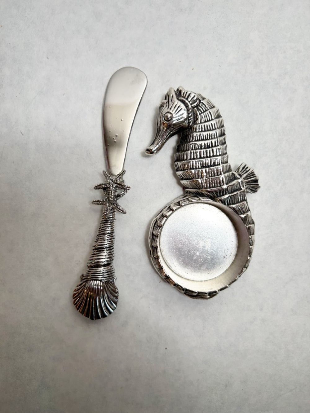 Mud Pie Seahorse Dip Bowl and Spreader Coastal Decorative Silver Tone Set